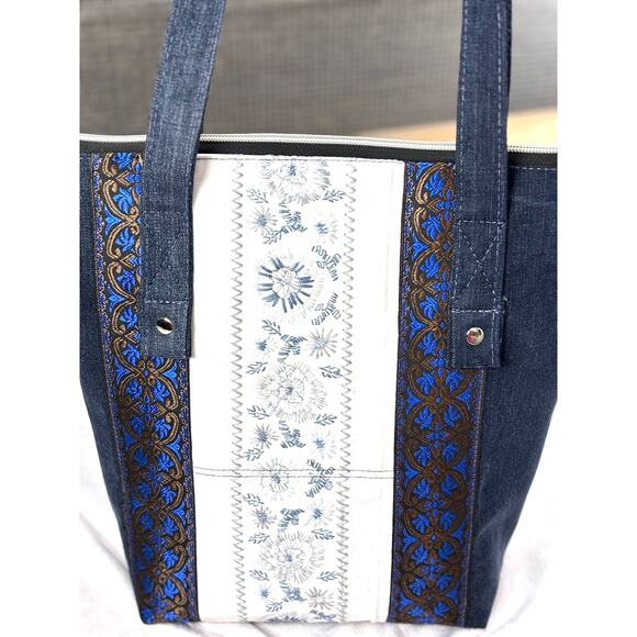 Handmade Upcycled Color Block Embroidered Shoulder Tote Bag Cotton Lined Pockets - Picture 3 of 12